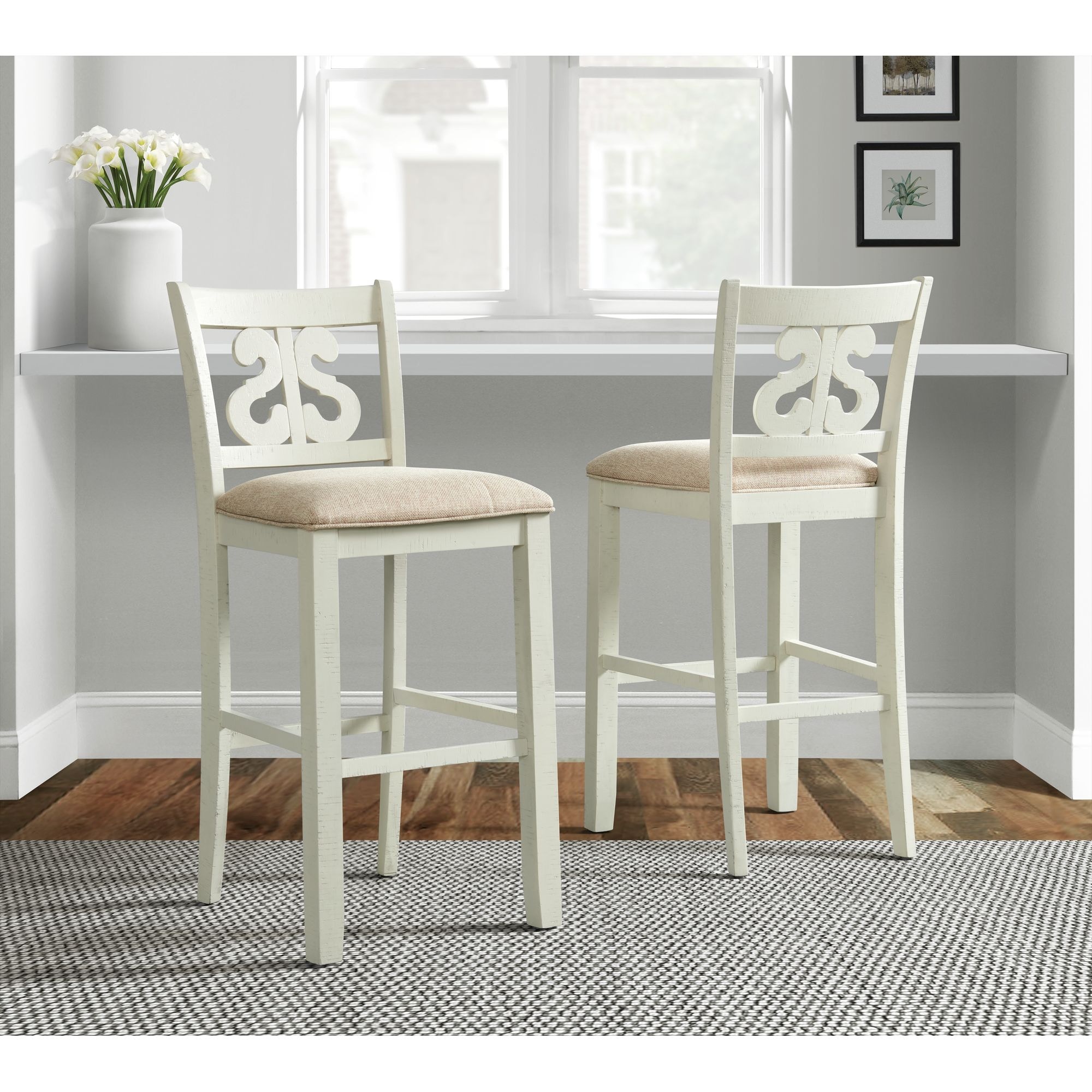 Elements International Casual Dining Stone White Scroll Back Bar Stool Elements International